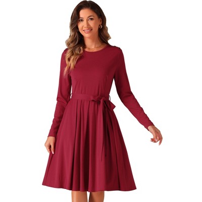Allegra K Women's Long Sleeve A Line Ruffle Belted Business Casual Dress with Pockets