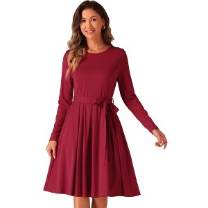 Allegra K Women's Long Sleeve A Line Ruffle Belted Business Casual Dress with Pockets - 1 of 4