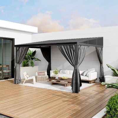 FUFU&GAGA Modern Wall Outdoor Patio Gazebo with Galvanized Steel Hardtop Aluminum Frame, Removable Curtains & Deep Gray Mosquito Netting