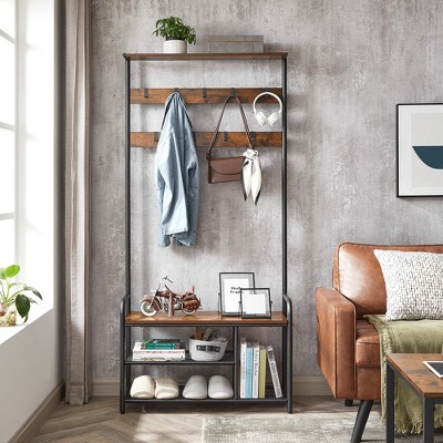 Rustic Brown and Black Hall Tree with Storage Bench