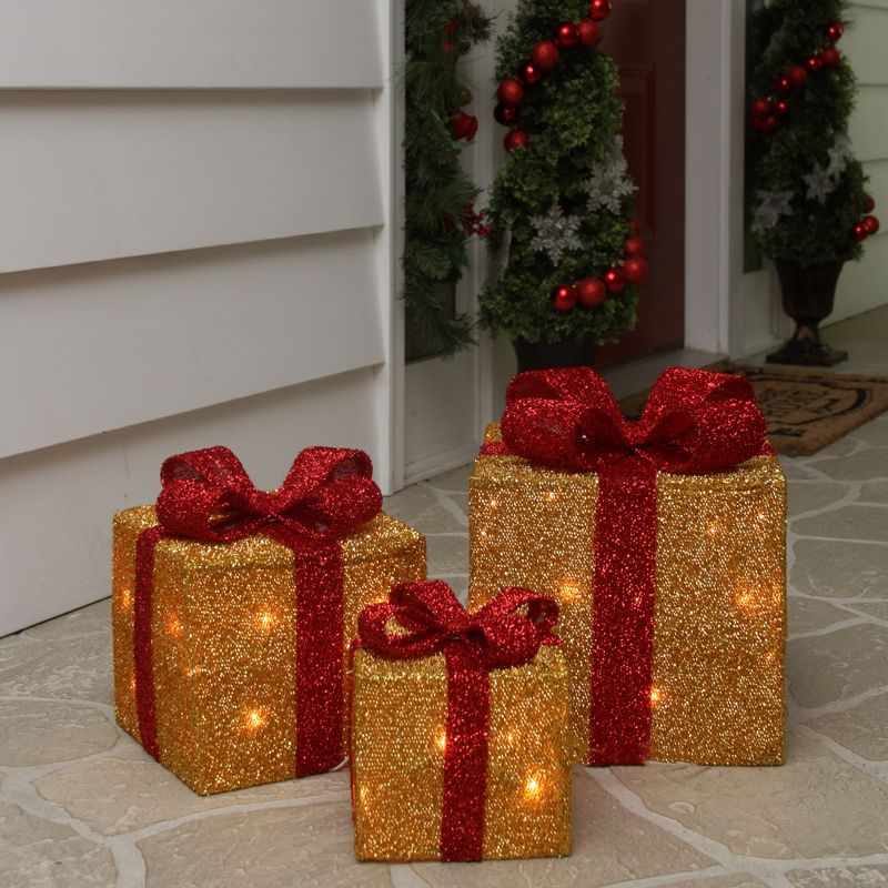 Northlight Set of 3 Gold and Red Gift Boxes with Bows Lighted Christmas Outdoor Decorations, 3 of 4