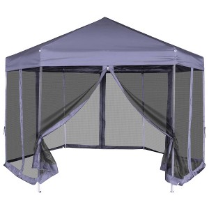 vidaXL Hexagonal Pop-Up Marquee with 6 Sidewalls Dark Blue 11.8'x10.2' - 1 of 4