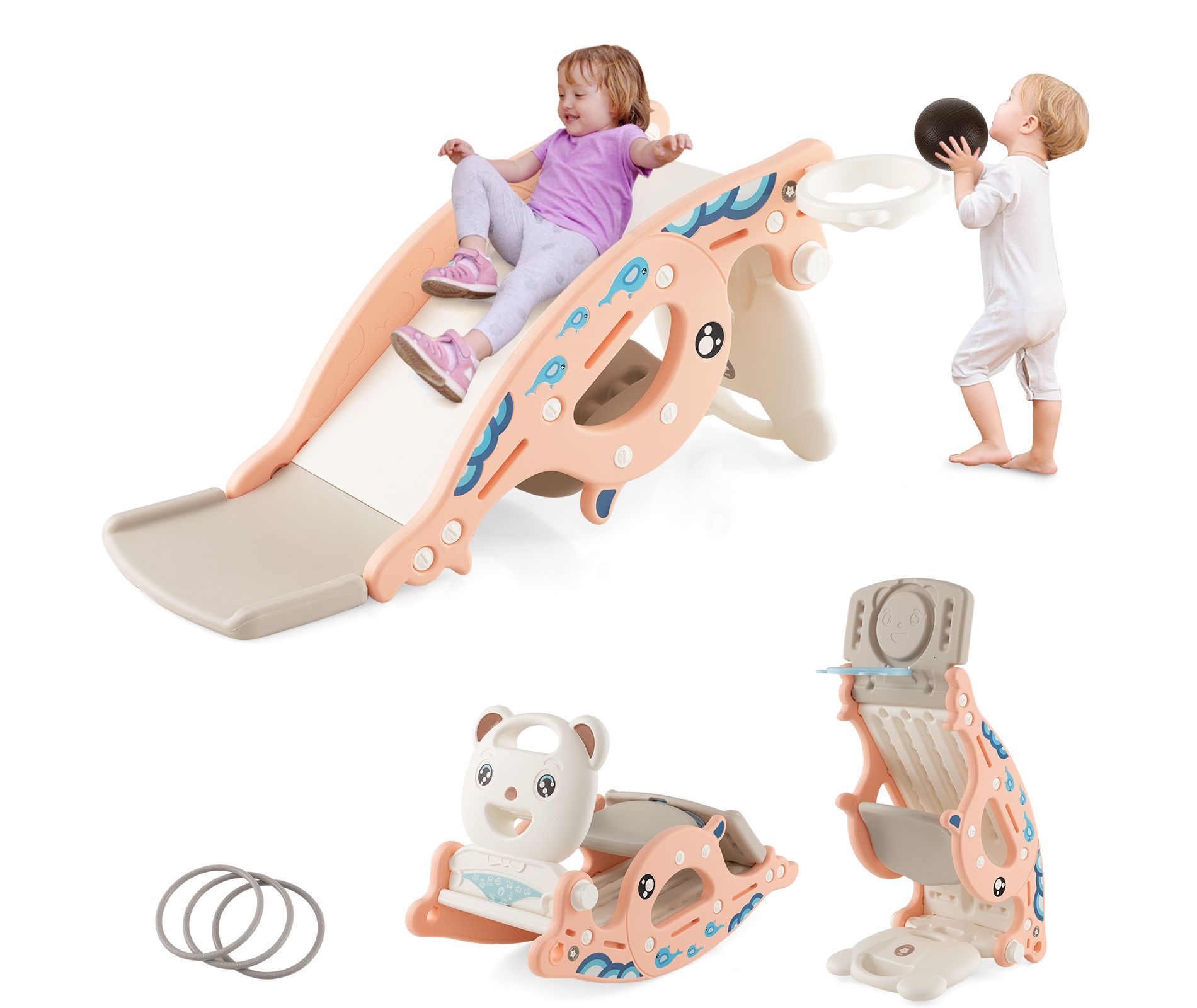 Costway 4-in-1 Kids Slide Rocking Toy Slide Rocking Horse w/Basketball Hoop Rings Pink