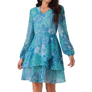 Seta T Women's V Neck Floral Long Sleeve High Waist Chiffon Ruffle Swing Skater Mini Dress - 1 of 4