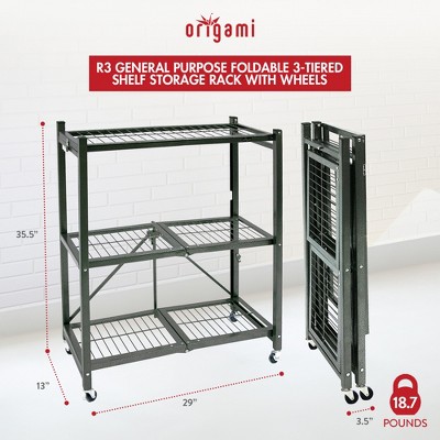 Pewter Heavy Duty Foldable 3-Tier Metal Shelf with Wheels
