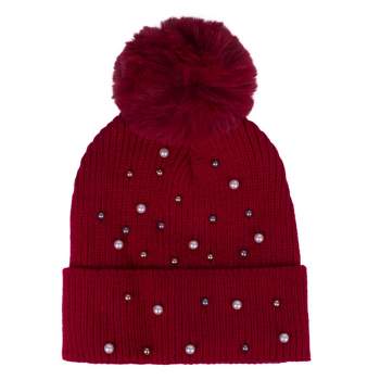 Women's Solid Color 100% Acrylic Knit Hat with colorful pearls and pom