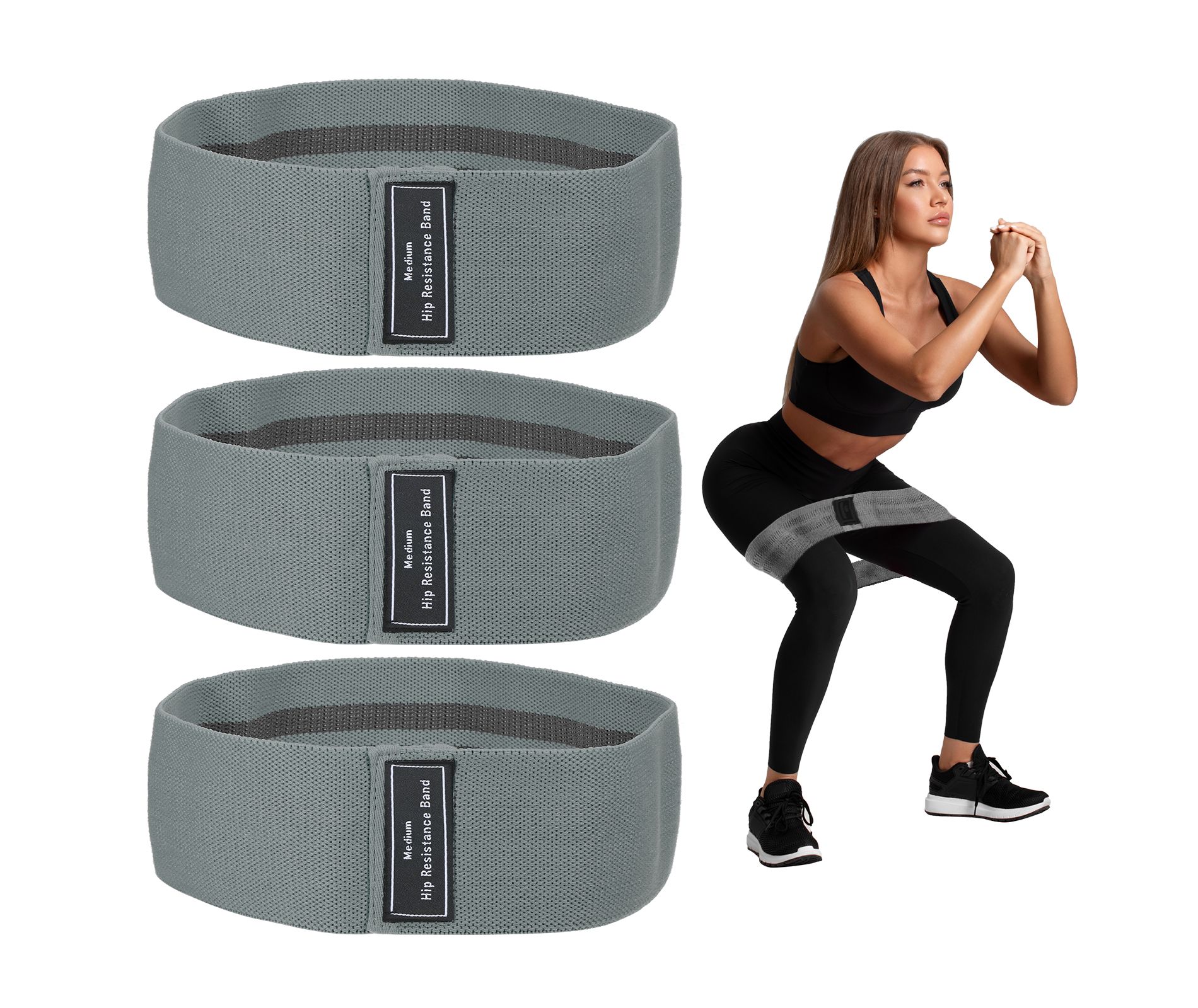 Unique Bargains Elastic Fabric Non-Slip Workout Loops Leg Booty Resistance Bands 3 Pcs Medium Dark Grey