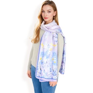 Anna-Kaci Women's Elegant Floral Satin Scarf with Vibrant Blue and Lavender Tones for Chic and Versatile Styling - 1 of 4