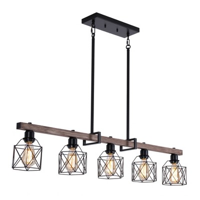 HBEZON 27.6" Height Adjustable 5-Light Pendant Light, Industrial Metal Faux Wood Chandelier for Kitchen Island, Dining Room, Black