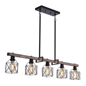 28" Farmhouse 3-Light Chandelier with Metal Frame, Faux Wood Beam, Geometric Shades, Adjustable Height for Dining, Kitchen Island, or Lounge - 1 of 4