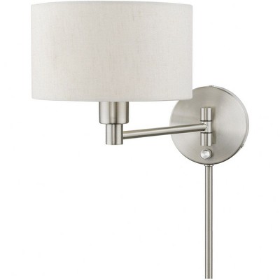 Transitional Brushed Nickel Swing Arm Wall Lamp with Oatmeal Fabric Shade