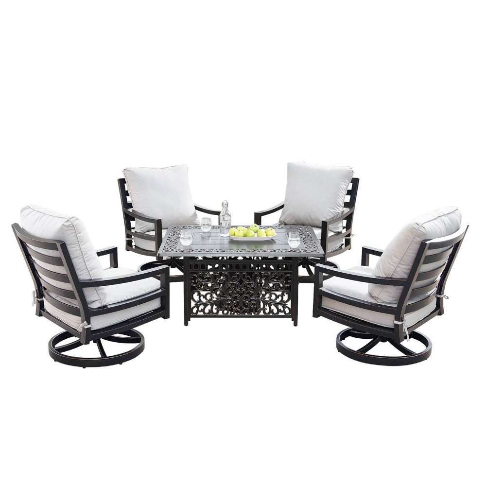 5pc Outdoor Dining Set with 48"" Rectangle Fire Table & Deep Seating Swivel Rocking Chairs, Wind Blocker Lid & Covers - Oakland Living -  85307847
