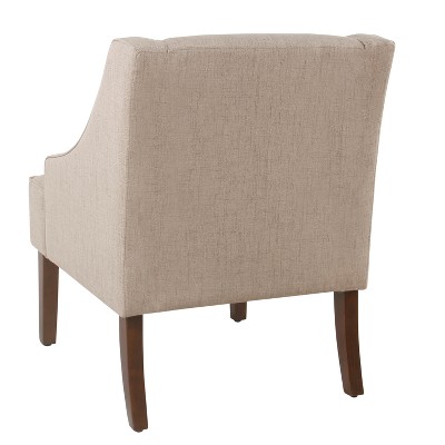 Tan Upholstered Wood Swoop Arm Accent Chair
