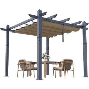 10x10ft Heavy Duty Aluminum Pergola with Retractable UV Canopy Water Resistant Gray Frame Khaki Curtains - 1 of 4