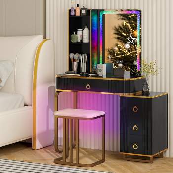 Costway Vanity Table Set with RGB LED Lights Crystal Crush Diamond Mirror Drawers Black/White