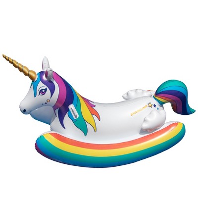 Swimline 86" Inflatable Rainbow Unicorn Rocker 1-Person Swimming Pool Float - White/Blue