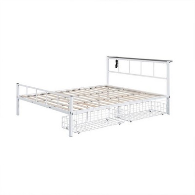 Royal Hampton Queen Size Bed w Underbed Storage, Slatted White Metal Headboard