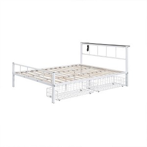 Royal Hampton Queen Size Bed w Underbed Storage, Slatted White Metal Headboard - 1 of 1