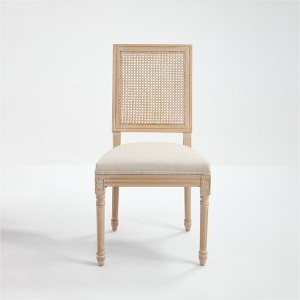 Gulches Set of 2 French Country Dining Chairs, Beige Cotton Linen Upholstery with Natural Rattan Square Back, Carved Solid Wood Frame - 1 of 4