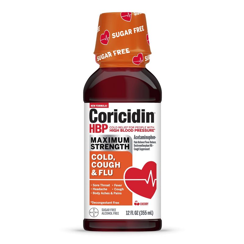 Coricidin High Blood Pressure Max Strength Cough Cold Flu Liquid Cherry - 12 fl oz, 1 of 5