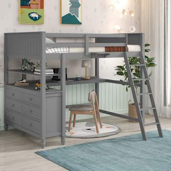 Full Size Wooden Loft Bed With Drawers, Shelves And Desk - ModernLuxe