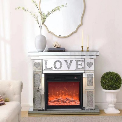 Coolbibila Modern Indoor Silver Diamond Mirrored Electric TV Fireplace Cabinet,Freestanding Home Office Fireplace with Remote Control and Finish
