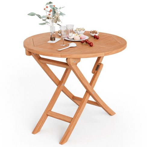 Costway 31.5 Patio Round Folding Dining Table Solid Teak Wood