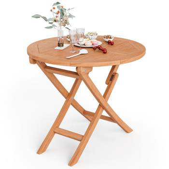 Costway 31.5'' Patio Round Folding Dining Table Solid Indonesia Teak Wood Natural Outdoor Portable