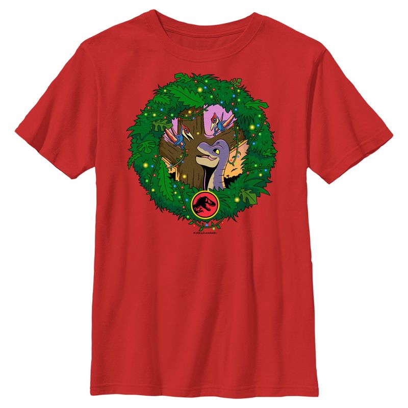 Boy's Jurassic World Dinosaur Christmas Wreath T-Shirt, 1 of 5