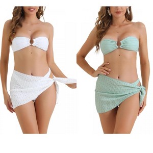 INSPIRE CHIC Women's O Ring Bandeau Ribbed Triangle Bottoms with Cover Up Bottoms Swimwear Bathing Bikini Suits 2 Sets - 1 of 4
