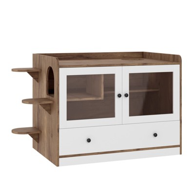 VisioGear Cat Litter Box Enclosure, Hidden Cat Litter Box with Drawer and Stairs, Cat House Washroom, Brown&White, 43"*23.6"*27.95"