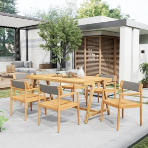 7-Piece Outdoor Dining Set with Acacia Wood Table, Rope Armchairs, Teak Finish Patio Furniture for Garden or Deck-Maison Boucle - 1 of 4
