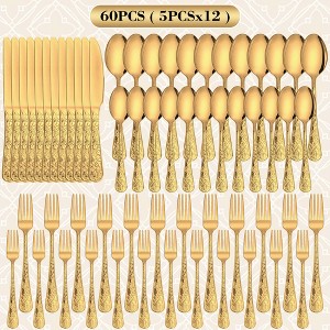 60-Piece Flatware Set for 12, Stainless Steel Retro Silverware with Vintage Baroque Design, Mirror Finish & Dishwasher Safe - 1 of 4