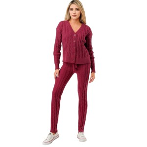 Slickblue Women's Cable Knit Sweater and Cardigan Set, Two Piece Knitwear, Wine/Sky Blue, Soft Fabric, Size S-L - 1 of 4