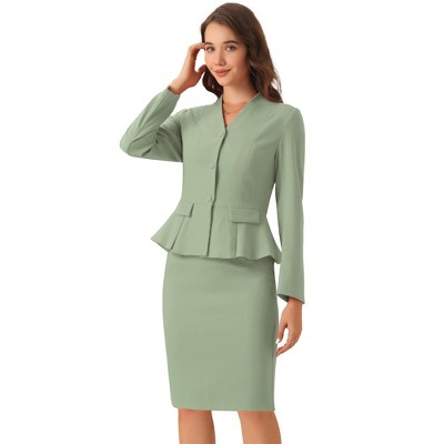INSPIRE CHIC Women's Long Sleeve Collarless Peplum Blazer and Pencil Skirts Suit Set 2 Pcs