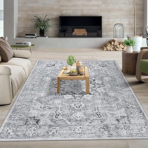 Acekool 5x7 Washable Area Rug - Boho Vintage Distressed Design, Stain Resistant Low Pile Rug for Living Room, Bedroom, Office, Grey - 1 of 4