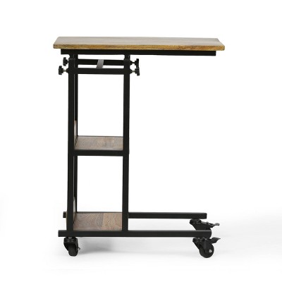 Amlin Adjustable Height Natural Mango Wood and Black Metal C-Shaped Side Table
