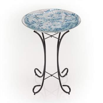 23" Outdoor Mosaic Glass Birdbath Bowl with Metal Stand Blue - Alpine Corporation