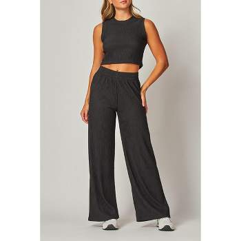 August Sky Women's Crinkle Textured Cropped Top & Pants Loungewear Set