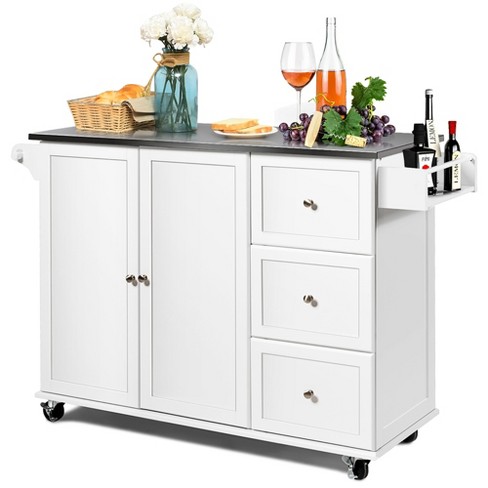 Kitchen Island 2-Door Storage Cabinet with Drawers and Stainless Steel Top  - Costway