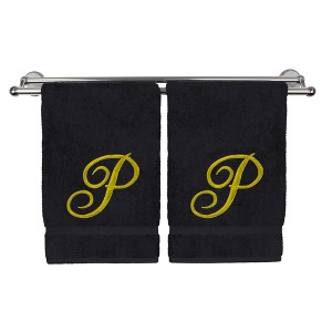 BC BARE COTTON Monogrammed Hand Towel, 100% Turkish Cotton - Set of 2 - Black - Gold Script - 1 of 4