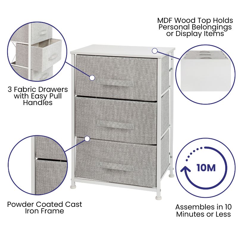 Emma and Oliver 3 Drawer Vertical Storage Dresser with Wood Top & Fabric Pull Drawers, 3 of 10