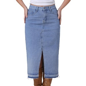 INSPIRE CHIC Women's Denim Front Slit Raw Hem High Waisted Midi Jean Skirts - 1 of 4