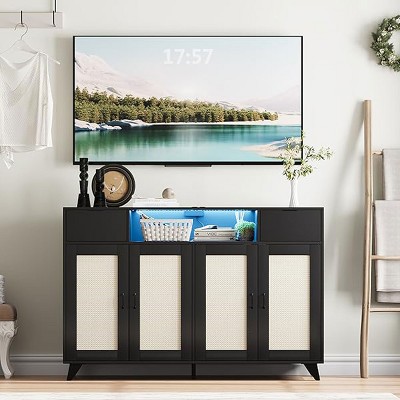 Whizmax Sideboard Buffet Cabinet, 4 Rattan Doors 2 Drawers Accent Storage Cabinet, Console Table Coffee Bar, for Dining Living Room, Hallway