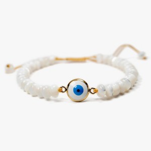 Handmade Evil Eye Bracelet with White Mother of Pearl Beads and Gold-Plated Blue Eye Charm, Adjustable Macramé Cord Protective Jewelry - 1 of 4
