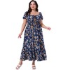 Agnes Orinda Women's Plus Size Floral Tie Notched Neck Puff Short Sleeve Side Slit A Line Maxi Dress - 3 of 4