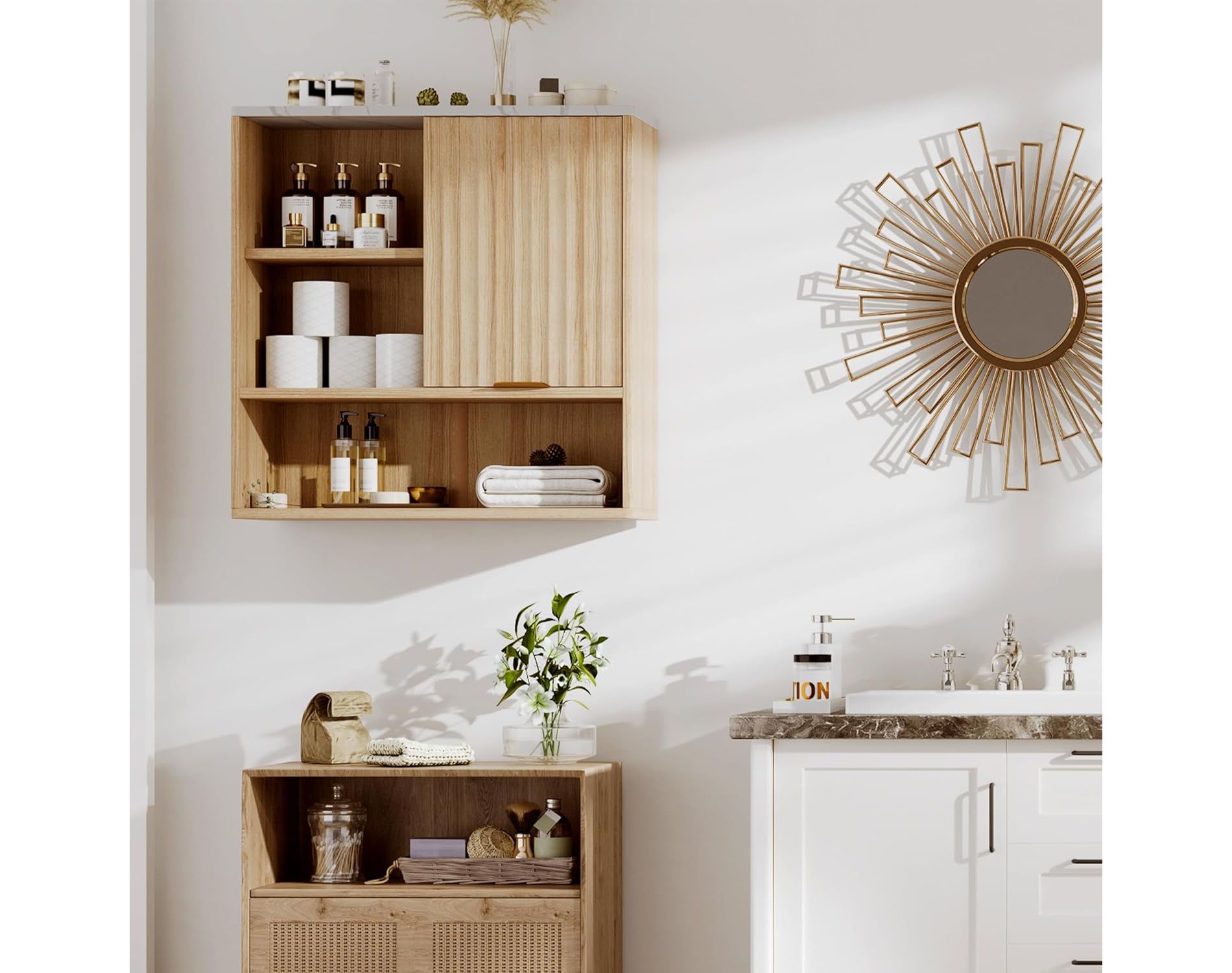 Coucheta Fluted Medicine Cabinet with Fluted Sliding Door, Adjustable Shelf, Open Storage - Modern Farmhouse Wall-Mounted for Bathroom