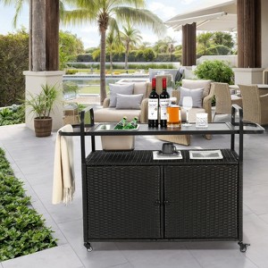 VisioGear Outdoor Bar Cart with Cabinet, Patio Serving Cart with 1 Ice Bucket, Lockable Wheels, Side Basket, Black, 51.57"*19.69"*35.83" - 1 of 4
