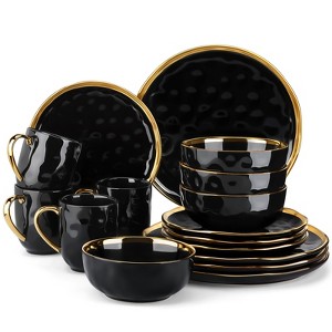 vancasso 16-Piece Dinnerware, Black With Golden Edge, Stoneware Tableware, Dinner Plate, Dessert Plate, Bowl And Mug For 4 Person, Round Plate - 1 of 4