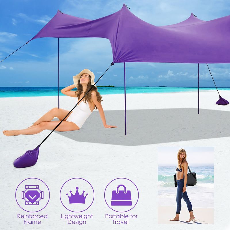 Costway Family Beach Tent Canopy w/4 Poles Sandbag Anchors 10'x9' UPF50+ Purple/Green/Blue, 4 of 7